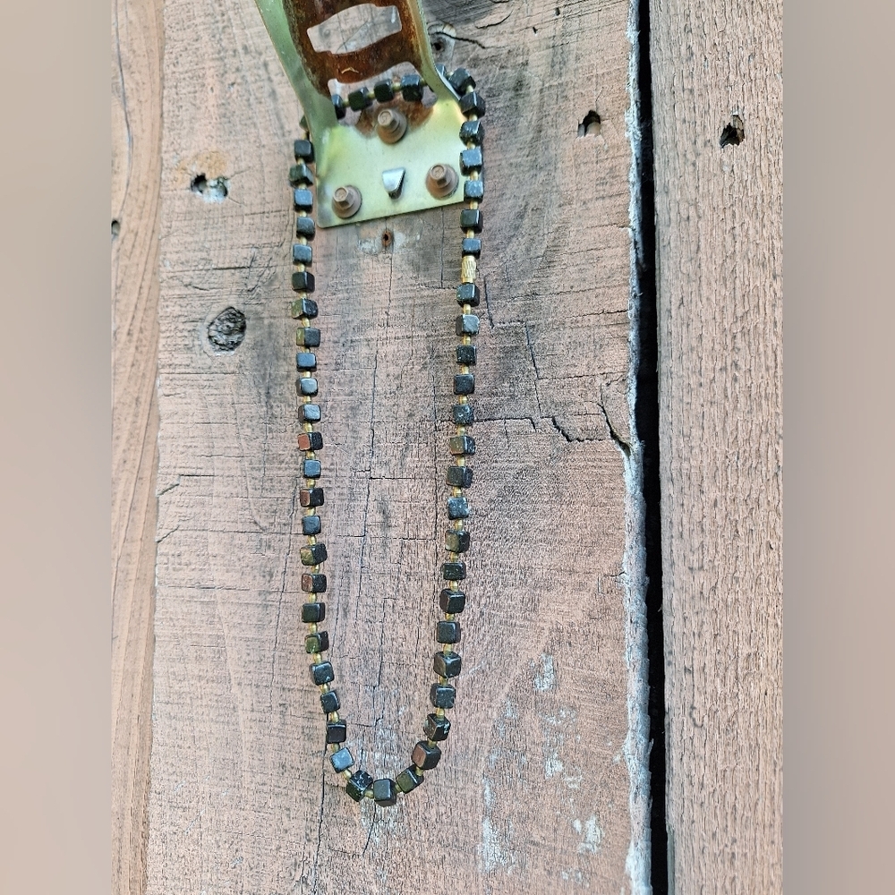 Green & Black Cube Bead Necklace Brass Spacers Jasper or Unakite Earthy Hippie